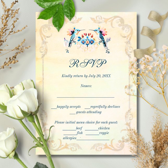 Blommigten Gamla Town Mexico Bröllop OSA Kort (Elegant turquoise RSVP card with Baroque scrolls and folk art floral details.)