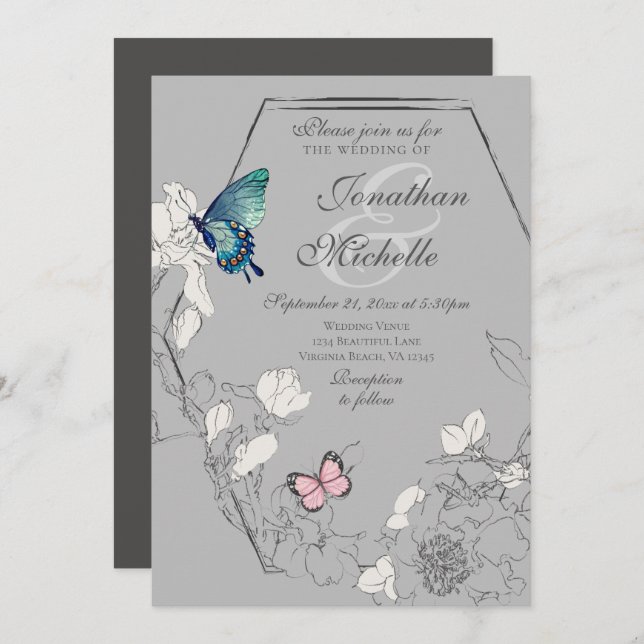 Blommigten Geometric Bröllop Inbjudningar (Fram/baksida)