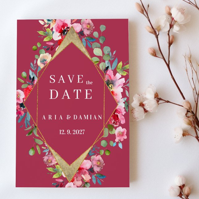 Blommigten Geometric burgundy mint guld Spara datu Inbjudningar (Geometric burgundy mint gold floral Save the Date)