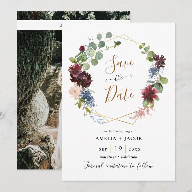 Blommigten Geometric Ram Burgundy Navy Spara datum Inbjudningar (Fram/baksida)