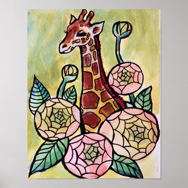 Blommigten Giraffe and Flowers Giraffes illustrati Poster (Framsidan)