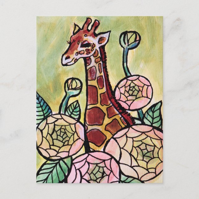 Blommigten Giraffe and Flowers Giraffes illustrati Vykort (Framsida)