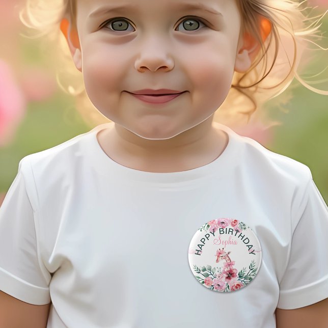 Blommigten Giraffe Ribbon Girl Birthday Knapp (Skapare uppladdad)