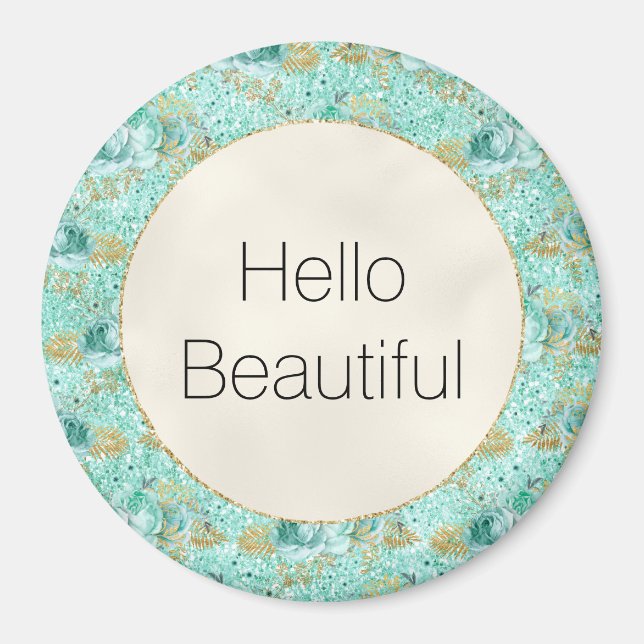 Blommigten Girly Mint Guld Glitter Magnet (Framsidan)