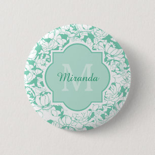 Blommigten Girly Monogram med Namn i modern Mint-G Knapp