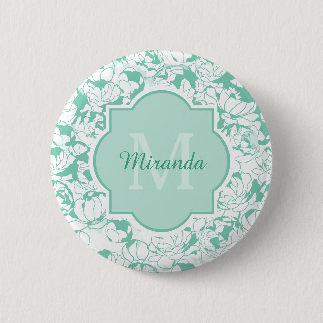 Blommigten Girly Monogram med Namn i modern Mint-G Knapp (Framsida)