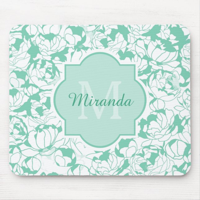 Blommigten Girly Monogram med Namn i modern Mint-G Musmatta (Framsidan)
