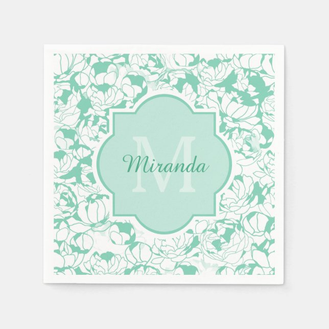 Blommigten Girly Monogram med Namn i modern Mint-G Pappersservett (Framsidan)