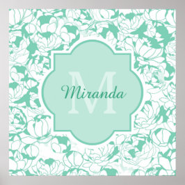 Blommigten Girly Monogram med Namn i modern Mint-G Poster