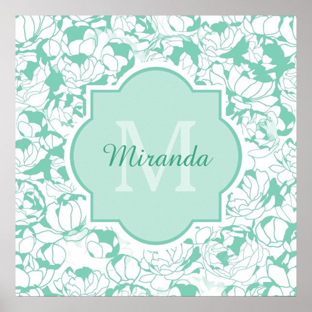 Blommigten Girly Monogram med Namn i modern Mint-G Poster (Framsidan)