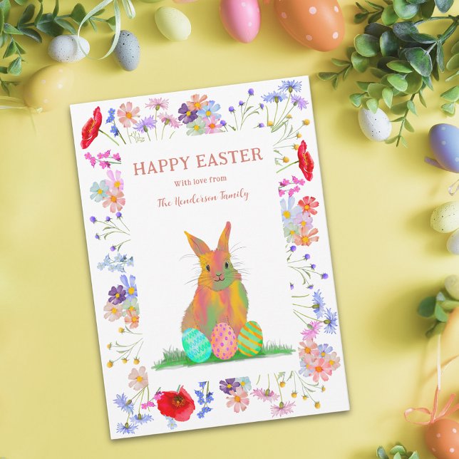 Blommigten glad påsk Bunny och Eggs Julkort (Personalized happy easter cute bunny colorful watercolor wildflower floral holiday greetings card)