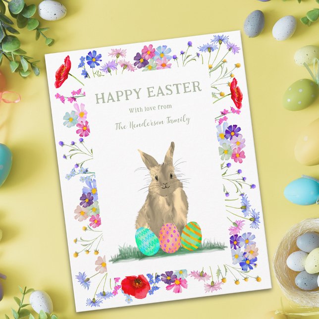 Blommigten glad påsk Cute Bunny och Eggs Helg Vykort (Personalized happy easter cute bunny watercolor wildflower meadow spring floral holiday greetings )