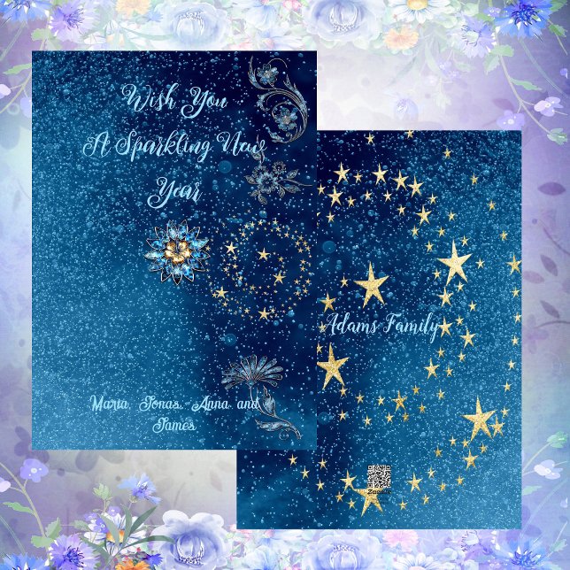 Blommigten Glitter Cheer Stars, blått mousserande  Julkort (Blue Sparkling New Year Glitter Cheer Stars Floral Holiday Card)