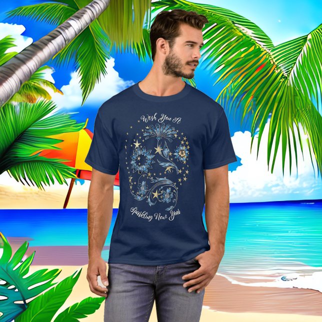Blommigten Glitter Cheer Stars, blått mousserande  T Shirt (Blue Sparkling New Year Glitter Cheer Stars Floral T-Shirt)