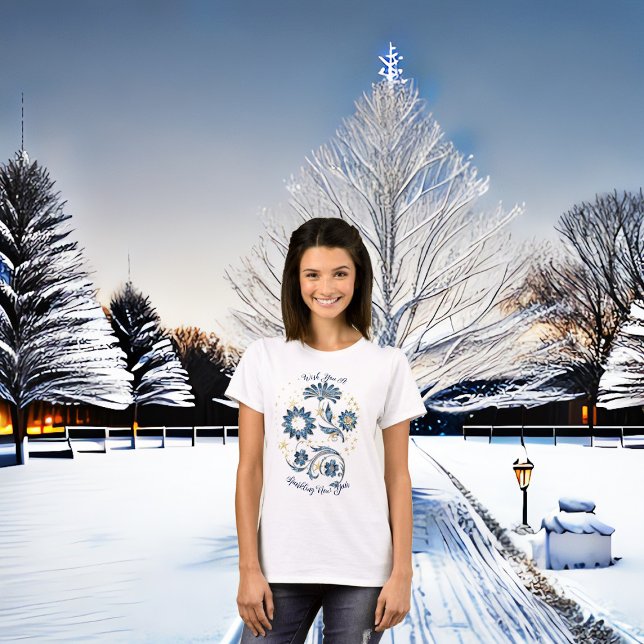 Blommigten Glitter Cheer Stars, blått mousserande  T Shirt (Blue Sparkling New Year Glitter Cheer Stars Floral T-Shirt)