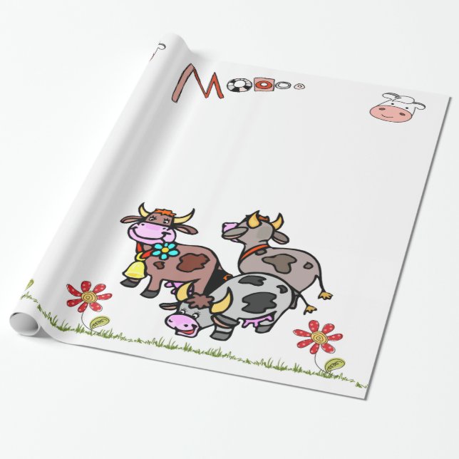 Blommigten Glossy Wrapping Papper Cow Moo Grass Presentpapper (Utrullad)