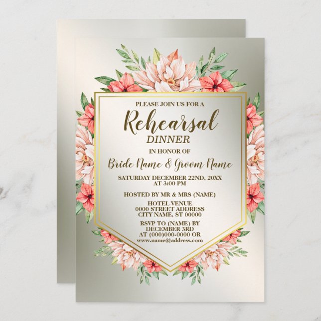 Blommigten Golden för Party Peach Orange Inbjudningar (Fram/baksida)