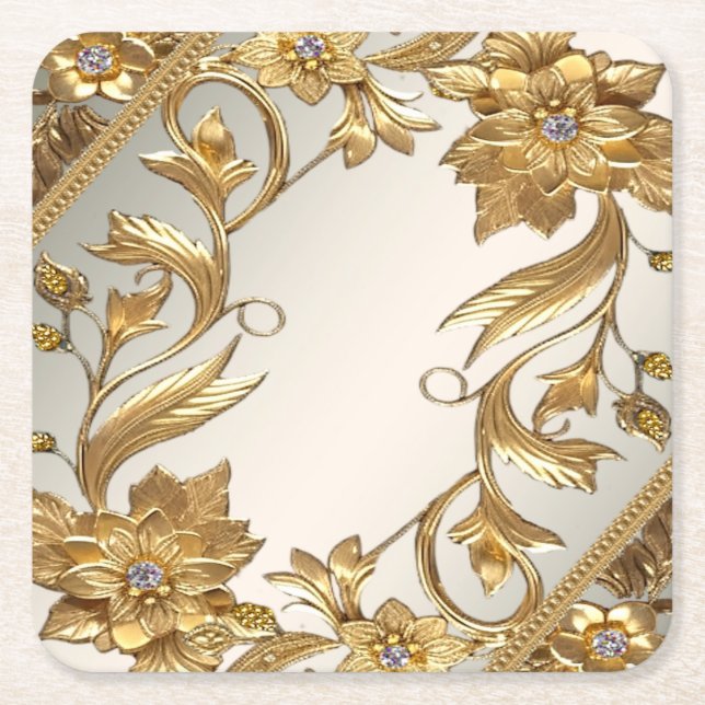 Blommigten Golden Vågigt Löv Papper Underlägg Kvadrat (Framsidan)