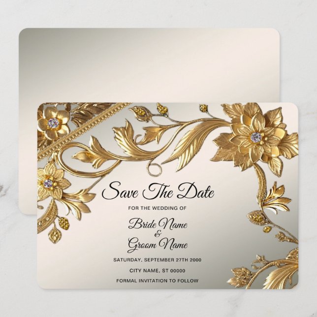 Blommigten Golden Vågigt Löv Spara datum Datumet (Fram/baksida)