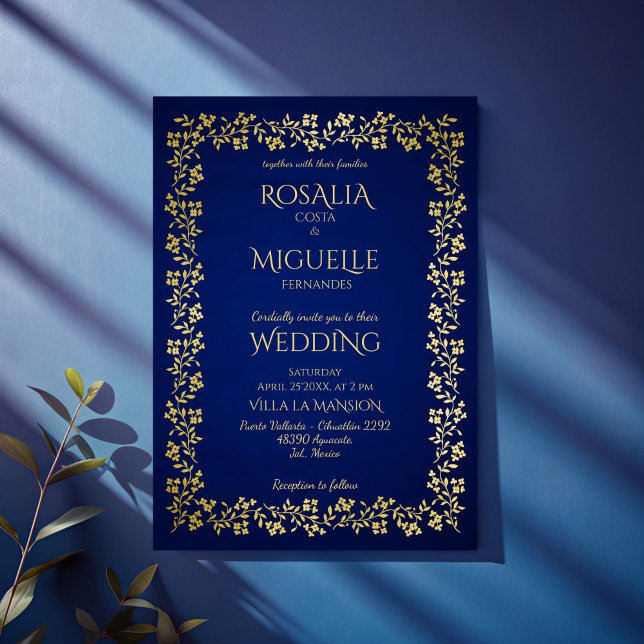 Blommigten gräns bröllop vid marinblått och guld v inbjudningar (Navy blue and gold vintage floral border elegant wedding invitation cards with RSVP template)