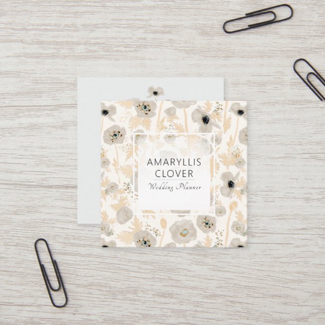 Blommigten Grått Poppies, vacker vattenfärgad Gult Fyrkantigt Visitkort (Fram/Back In Situ)