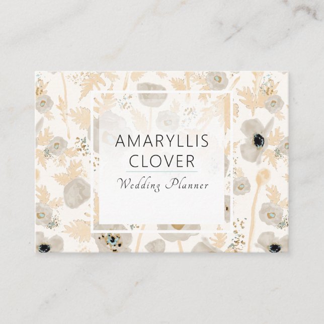 Blommigten Grått Poppies, vacker vattenfärgad Gult Visitkort (Framsida)