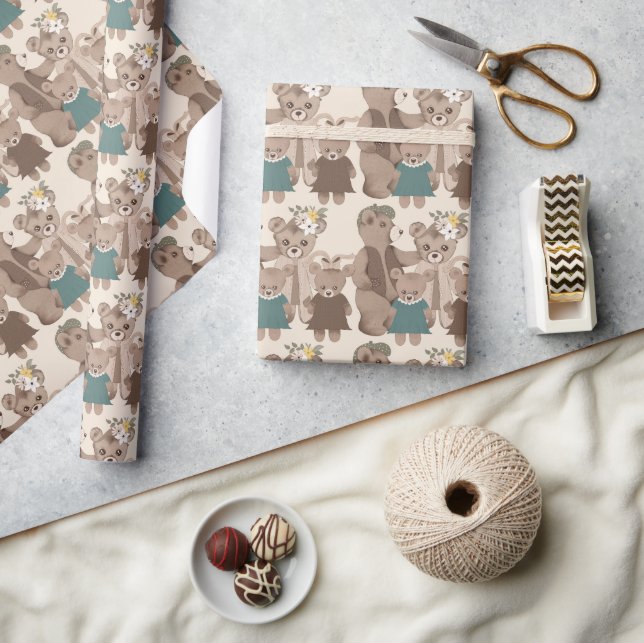 Blommigten Greenery Baby Shower för nalle Family Presentpapper (Hantverk)