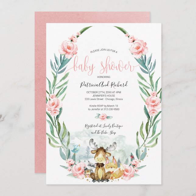 Blommigten Greenery Baby Shower Inbjudningar (Fram/baksida)