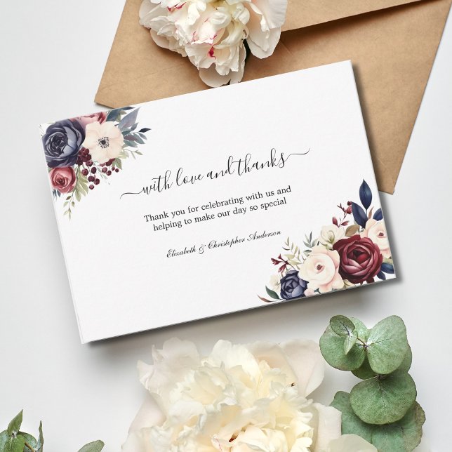 Blommigten Greenery Bröllop Tack Kort (Burgundy, Navy Blue and Cream Watercolor Floral Wedding thank you cards)