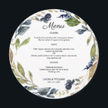 Blommigten Greenery Löv Round Menu Meny<br><div class="desc">Modern design och elegant som skrivs ut med Blommigten Navy Grey Lämnar Round Menu Card for Plate som kan anpassas med din text. Kolla in Graphic Art Design-arkivet för andra produkter som matchar den här designen!</div>