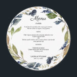 Blommigten Greenery Löv Round Menu Meny<br><div class="desc">Modern design och elegant som skrivs ut med Blommigten Navy Grey Lämnar Round Menu Card for Plate som kan anpassas med din text. Kolla in Graphic Art Design-arkivet för andra produkter som matchar den här designen!</div>