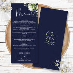 Blommigten Greenery Monogram Bröllop Middag Meny<br><div class="desc">Den här menyn för botaniska gröna löv i marin elegant kan vara personlig med dina uppgifter i chic typografi med initialer i monogrammet på motsatt sida. Designad av Thisisnotme©</div>