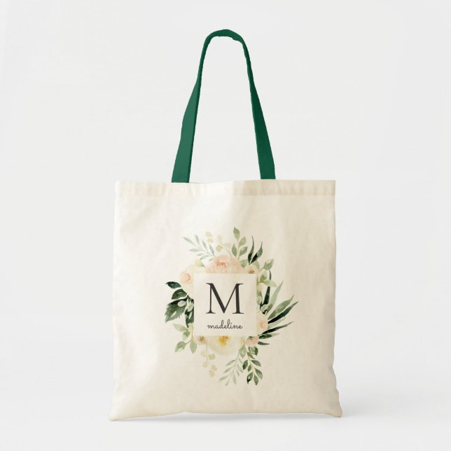 Blommigten Greenery Monogram för  persikofärgad  Tygkasse (Framsidan)