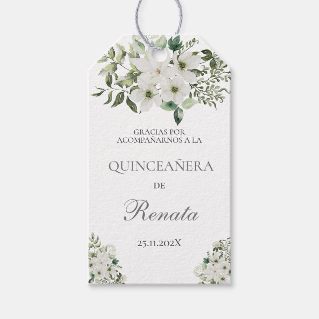 Blommigten Grey och White Quinceanera Presentetikett (Framsidan)