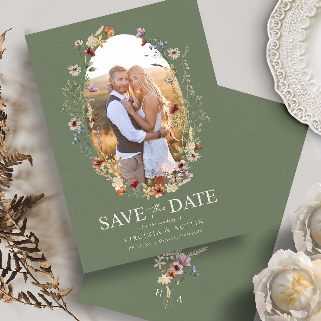 Blommigten grönt Boho Spara datum Datumet (Watercolor Sage Green Boho Floral Save The Date Monogram by Painted Paperie
)