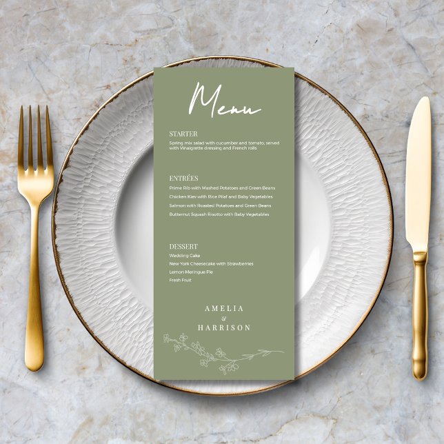 Blommigten Grönt Formell Elegant bröllop Meny (Sage Green Floral Formal Elegant Wedding Menu with Menu Options, Optional Text on Back.)