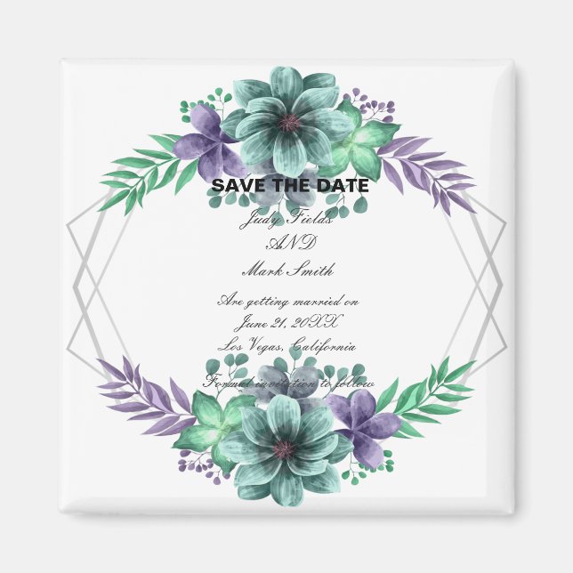 Blommigten grönt och Lila vattenfärg Spara datum Magnet (Framsidan)