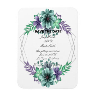 Blommigten grönt och Lila vattenfärg Spara datum Magnet