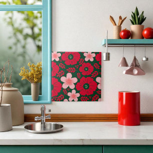 Blommigten grönt Röd vattenfärg Kakelplatta
