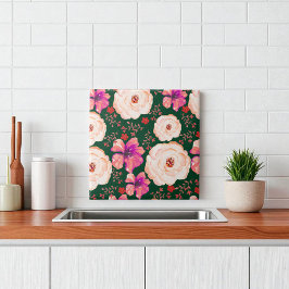 Blommigten grönt Röd vattenfärg Kakelplatta