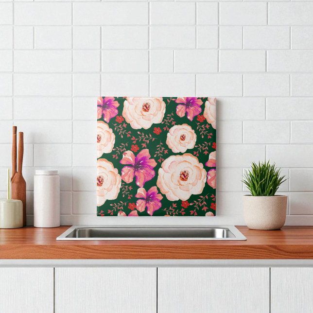 Blommigten grönt Röd vattenfärg Kakelplatta (Skapare uppladdad)