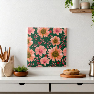 Blommigten grönt Röd vattenfärg Kakelplatta