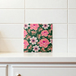 Blommigten grönt Röd vattenfärg Kakelplatta