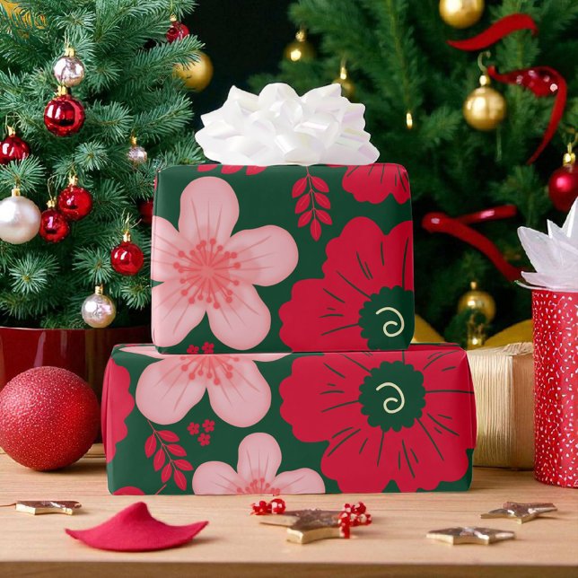 Blommigten grönt Röd vattenfärg Presentpapper (Skapare uppladdad)