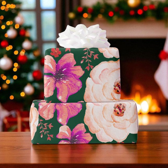 Blommigten grönt Röd vattenfärg Presentpapper (Skapare uppladdad)