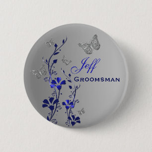 Blommigten Groomsman Pin, blå och Silver Butterfly Knapp