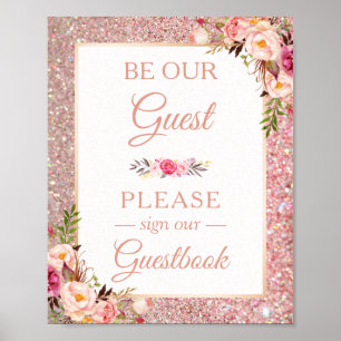 Blommigten Guestbook Bröllop undertecknar Ro Guld Poster