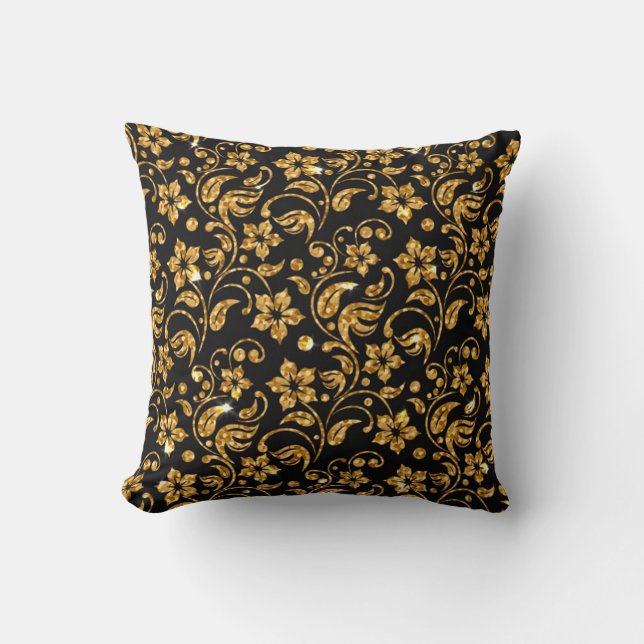Blommigten Guld Black Glossy Kudde (Framsida)