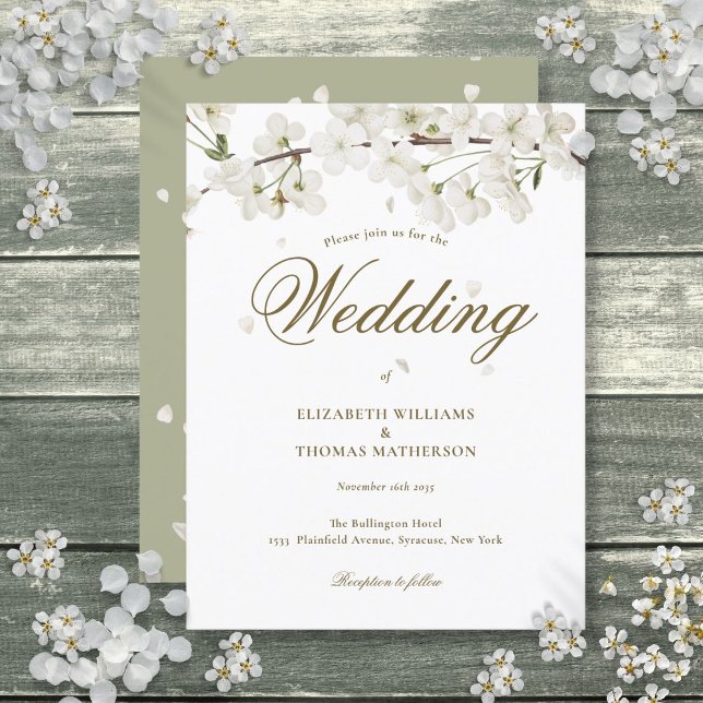 Blommigten Guld Bröllop i  med vit Blommar Inbjudan Vykort (White Blossom Floral Gold Script Wedding Invitation Postcard)