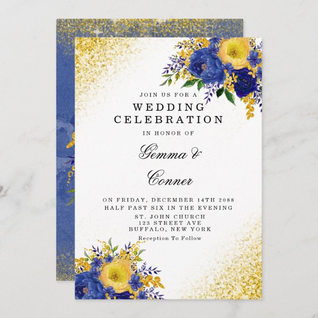 Blommigten Guld Glitter Bröllop vid den blå Gulten Inbjudningar (Fram/baksida)